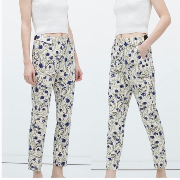 Zara White Floral Trousers Medium - Picture 2 of 10
